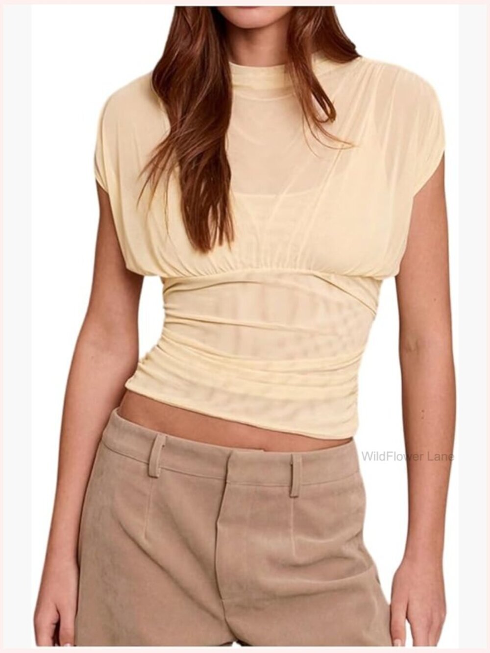 Womens Ruched Sheer Mesh Crop Top Cap Sleeve Fitted Mock Neck Blouse